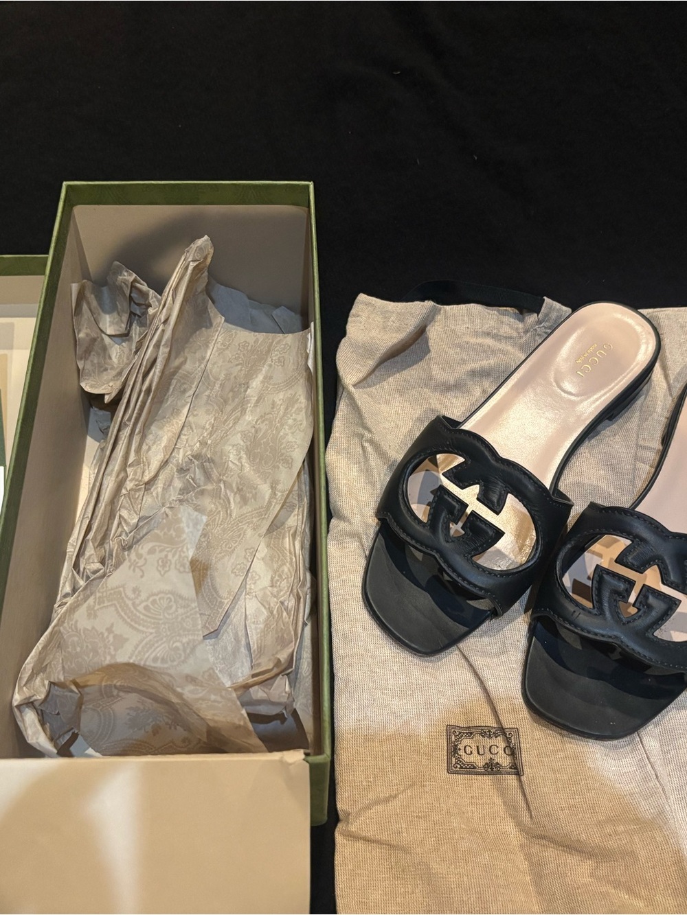 Gucci Black Leather Interlocking G Slide Sandals